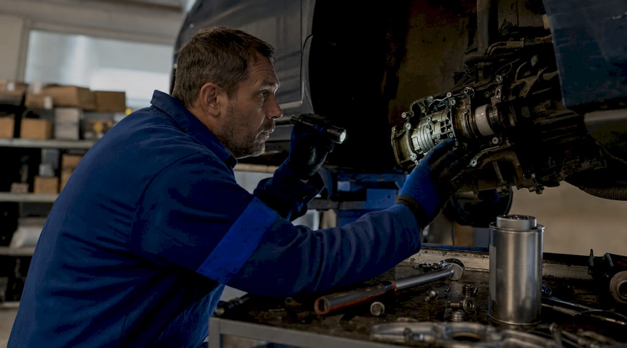 Mechanic inspecting Haldex AWD coupling system