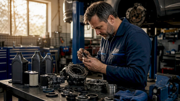 Mechanic inspecting AWD service kit in workshop