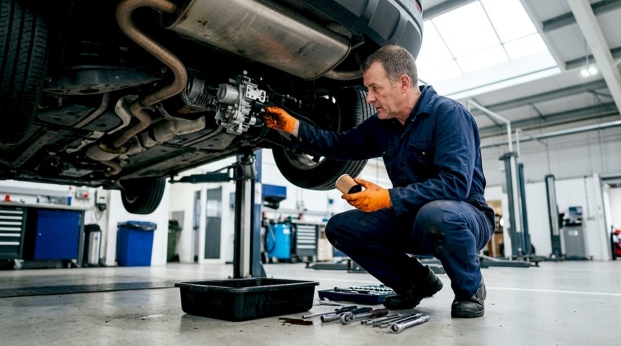 Technician inspecting OEM Haldex filter in workshop