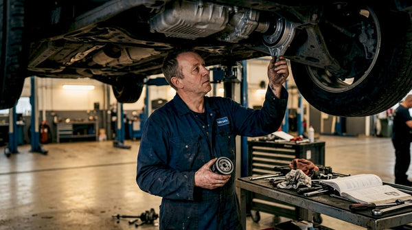Mechanic installing upgraded Haldex filter under vehicle