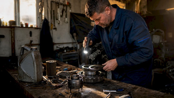 Technician inspecting Haldex clutch components in garage