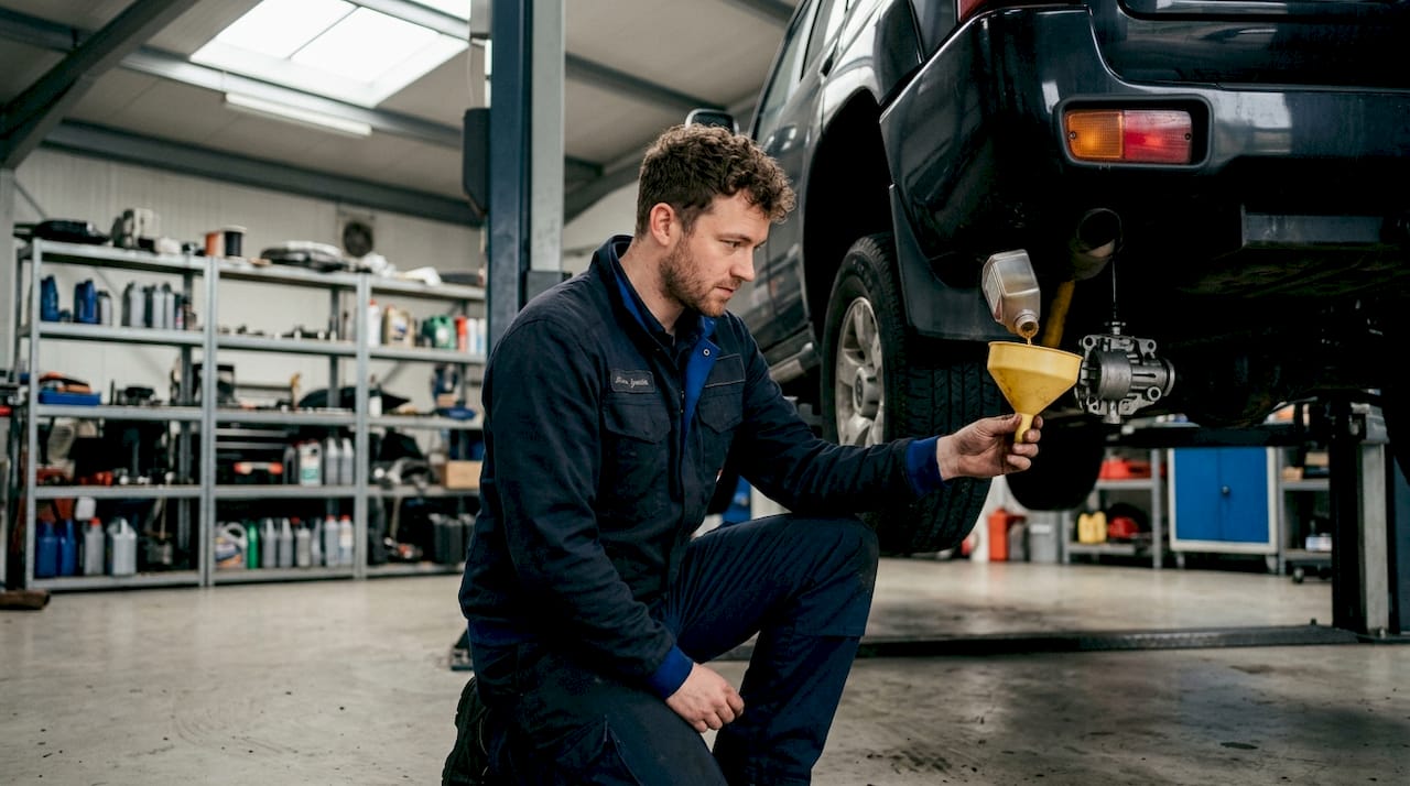 Technician pouring Haldex oil into AWD coupling