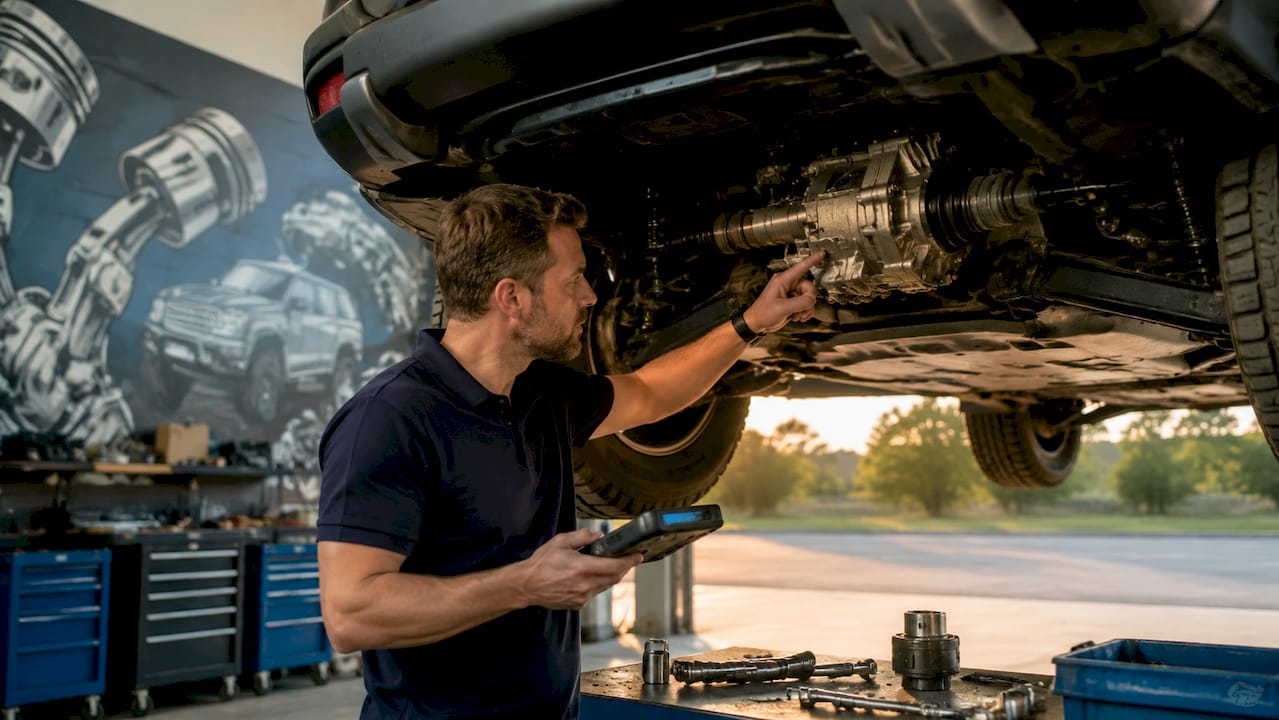 Engineer inspecting Land Rover Haldex system undercarriage