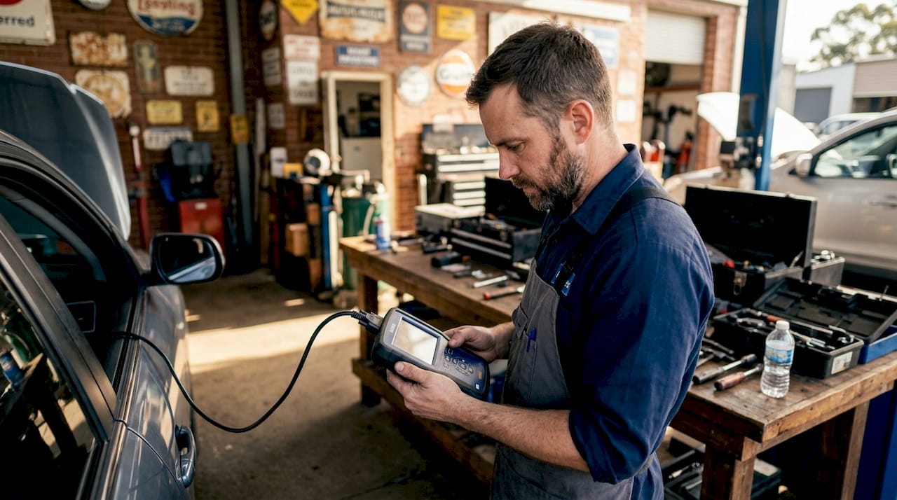 Technician using Haldex diagnostic tool in workshop