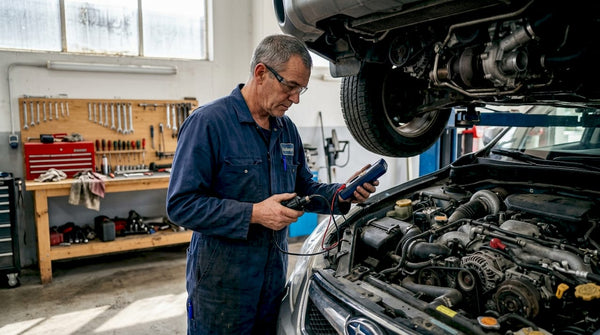 Technician inspecting Haldex pressure sensor in engine bay
