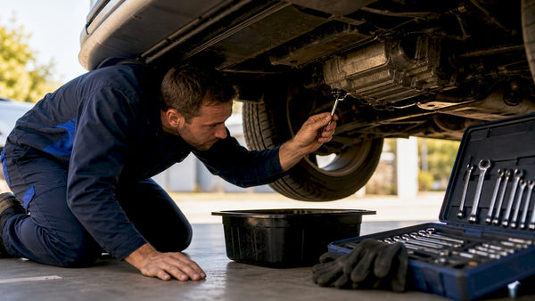 Mechanic removing Haldex oil drain plug under vehicle