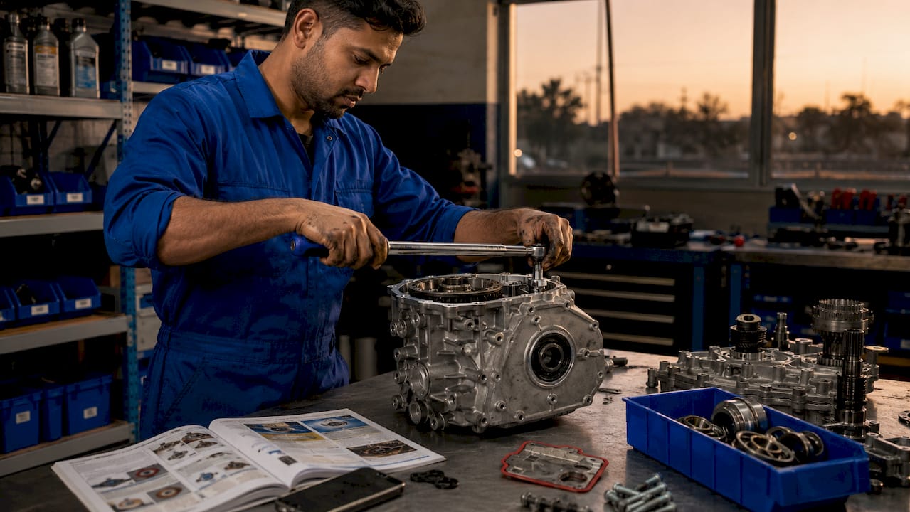 Mechanic inspecting AWD transfer case parts