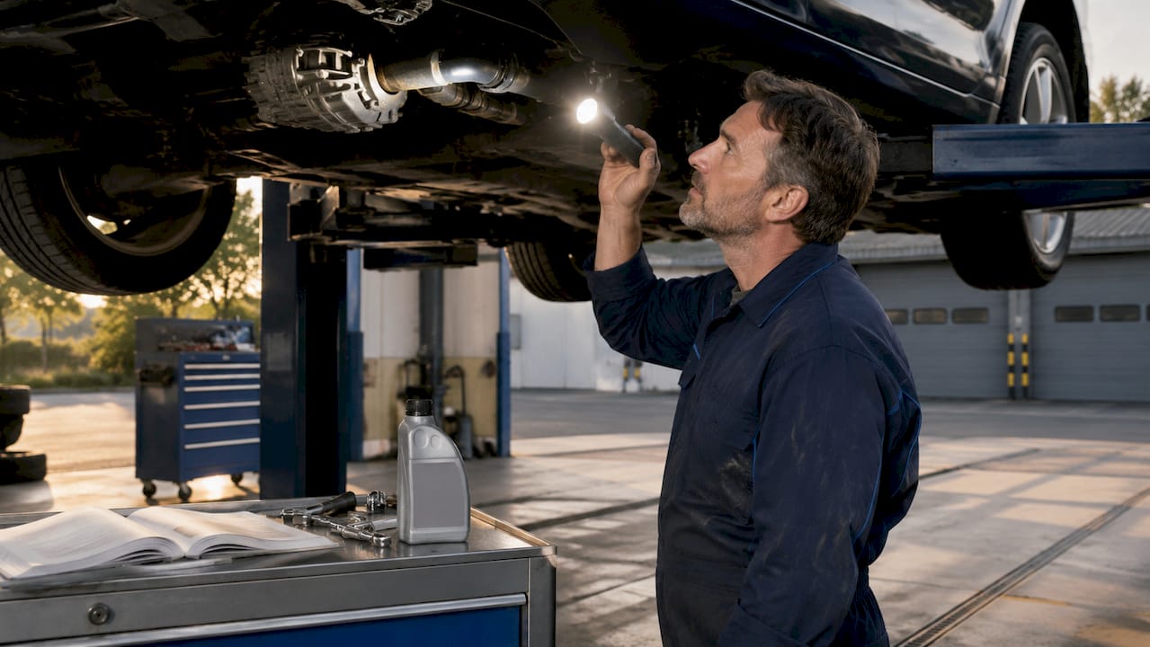 Technician inspecting Haldex AWD system under SUV