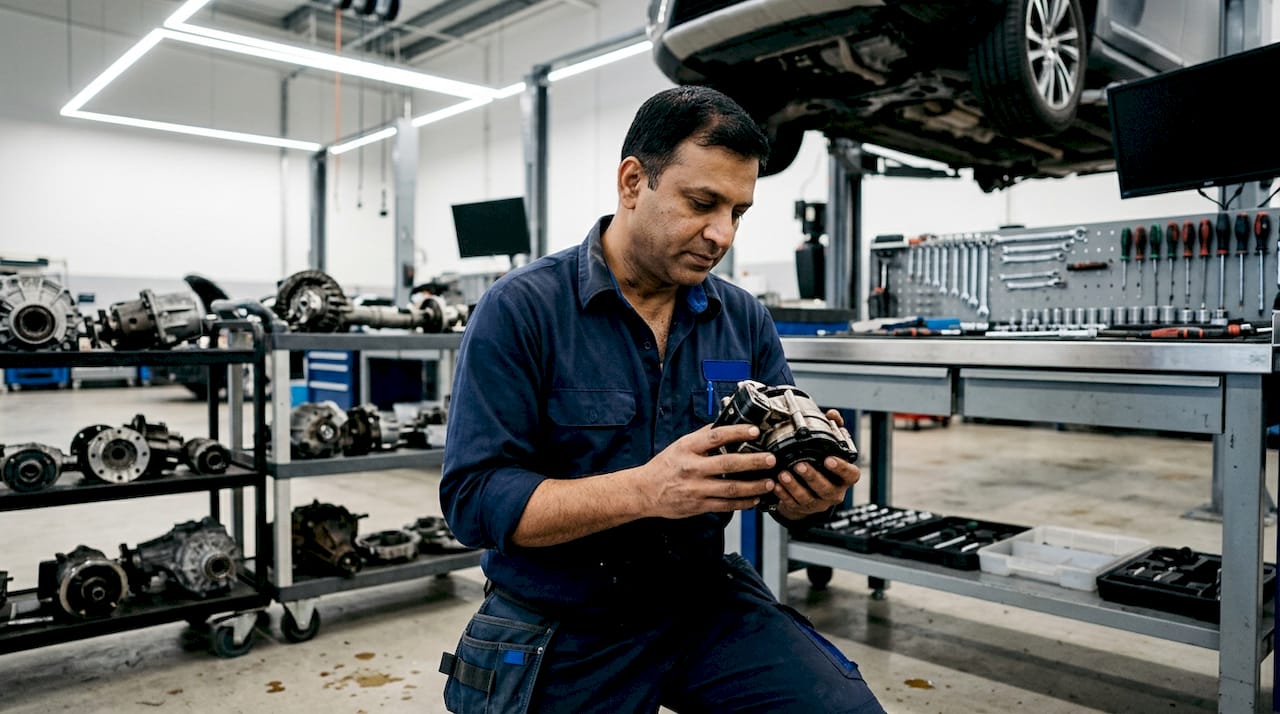 Technician inspecting Volvo Haldex oil pump in garage