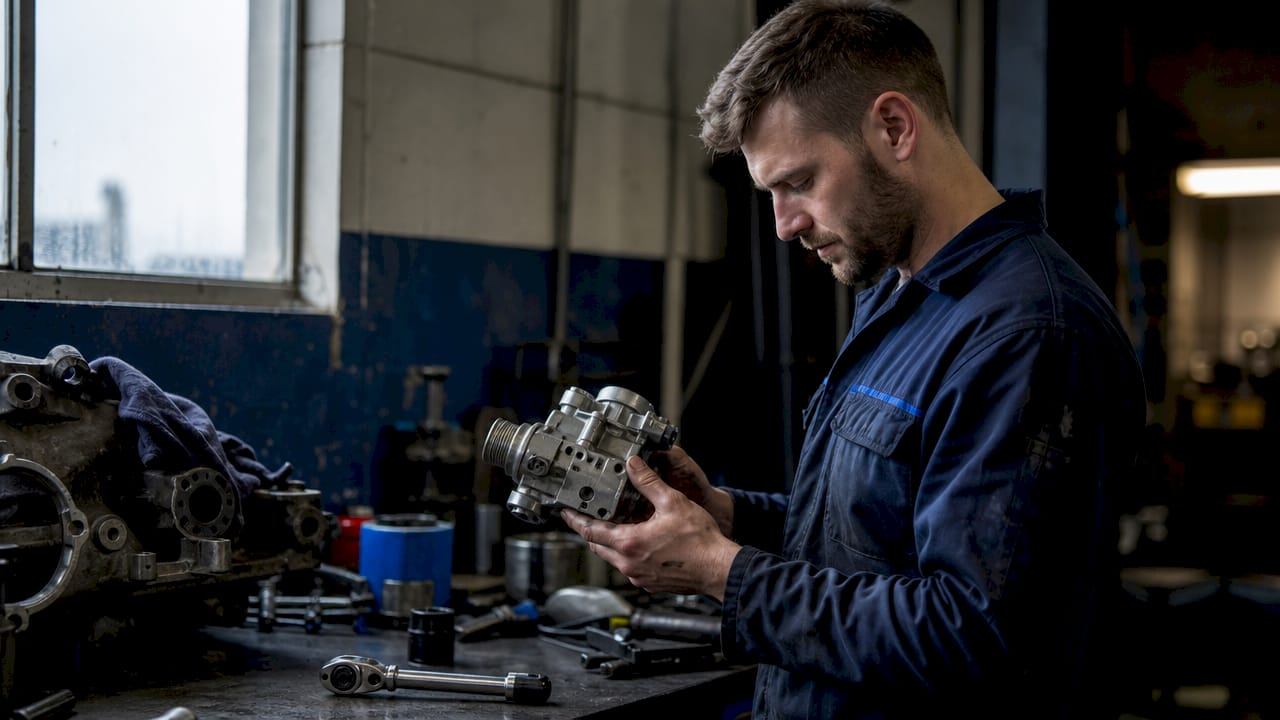 Mechanic examining 0AY598549A Haldex pump in workshop