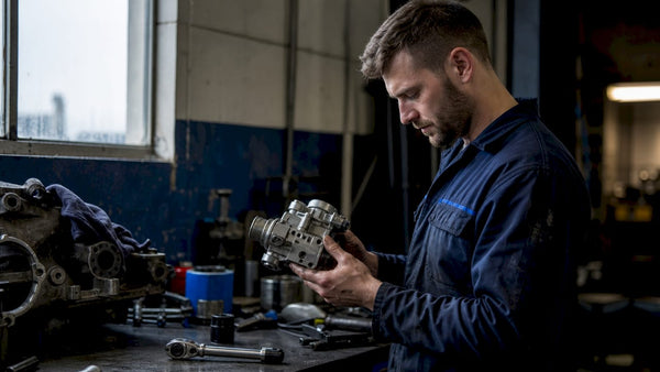 Mechanic examining 0AY598549A Haldex pump in workshop