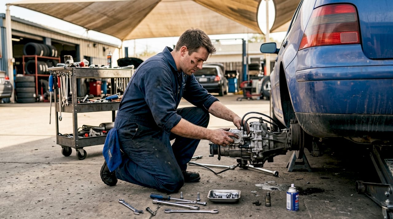 Mechanic fitting Haldex AWD pump on VW Golf