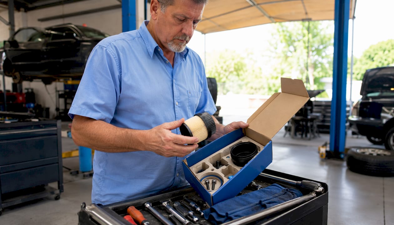 Technician inspecting Haldex 111358 filter kit parts