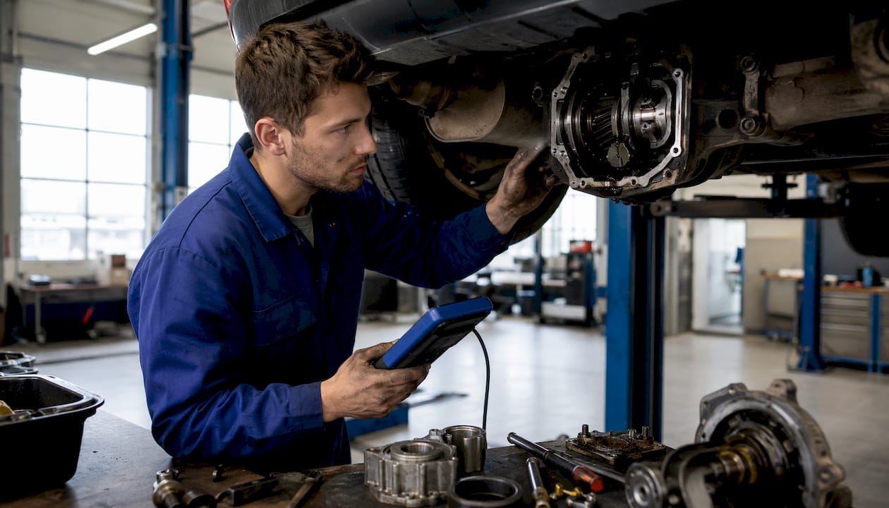 Technician inspecting Haldex differential in workshop