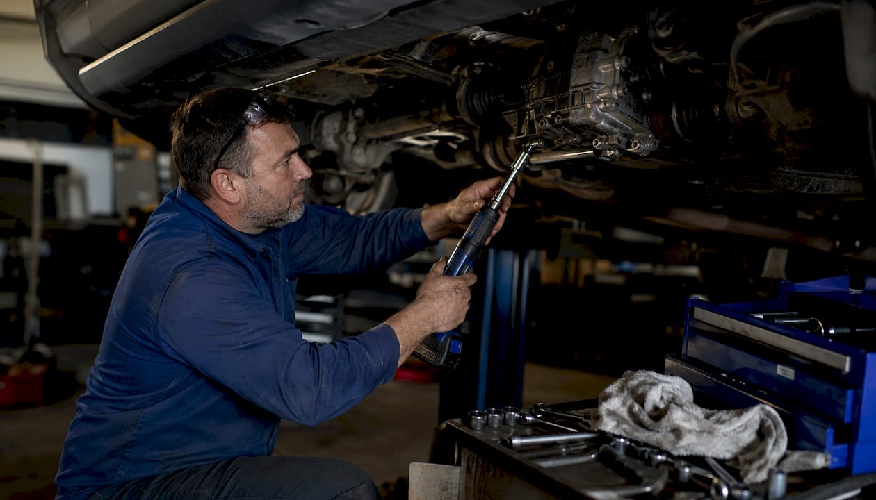 Mechanic working on Haldex differential under vehicle