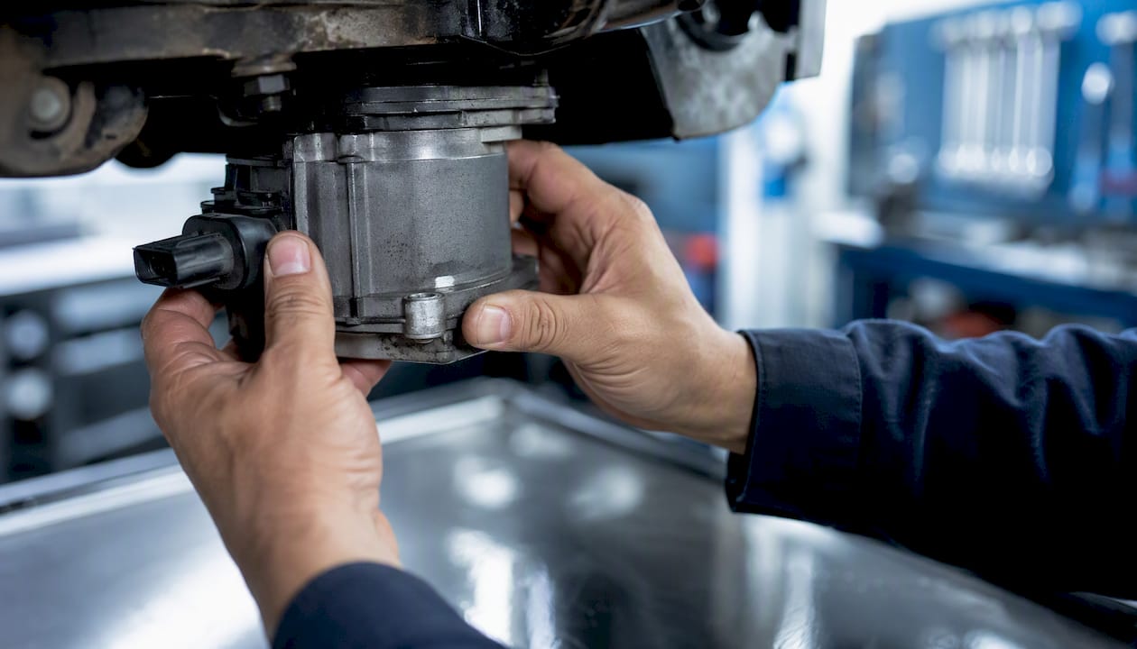 Close-up of hands inspecting Haldex AWD pump