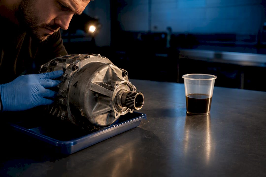 Technician inspecting drained Haldex fluid