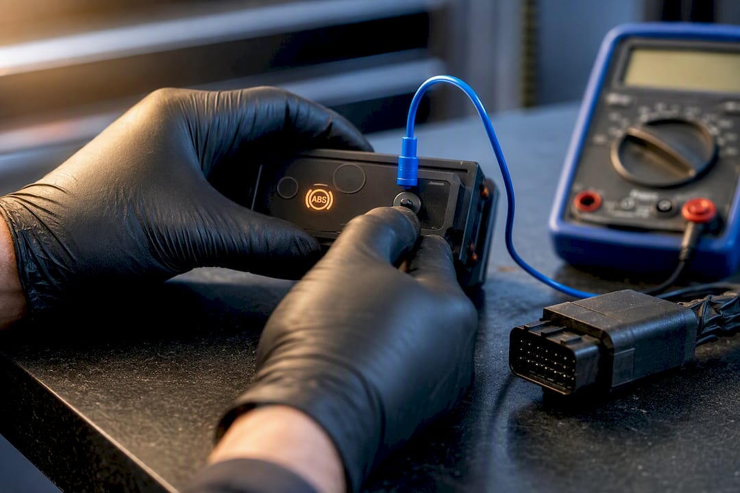 Technician testing an ABS diagnostic circuit