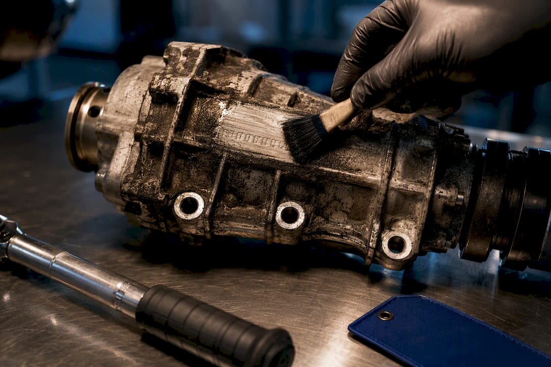 Mechanic inspecting stamped part number