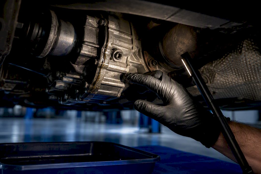 Technician inspecting an AWD oil leak