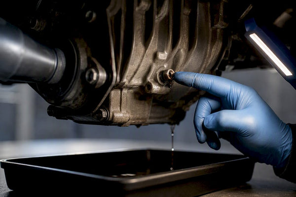 Technician inspecting fluid from drivetrain vent