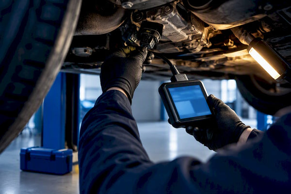Technician connecting diagnostic tool under vehicle