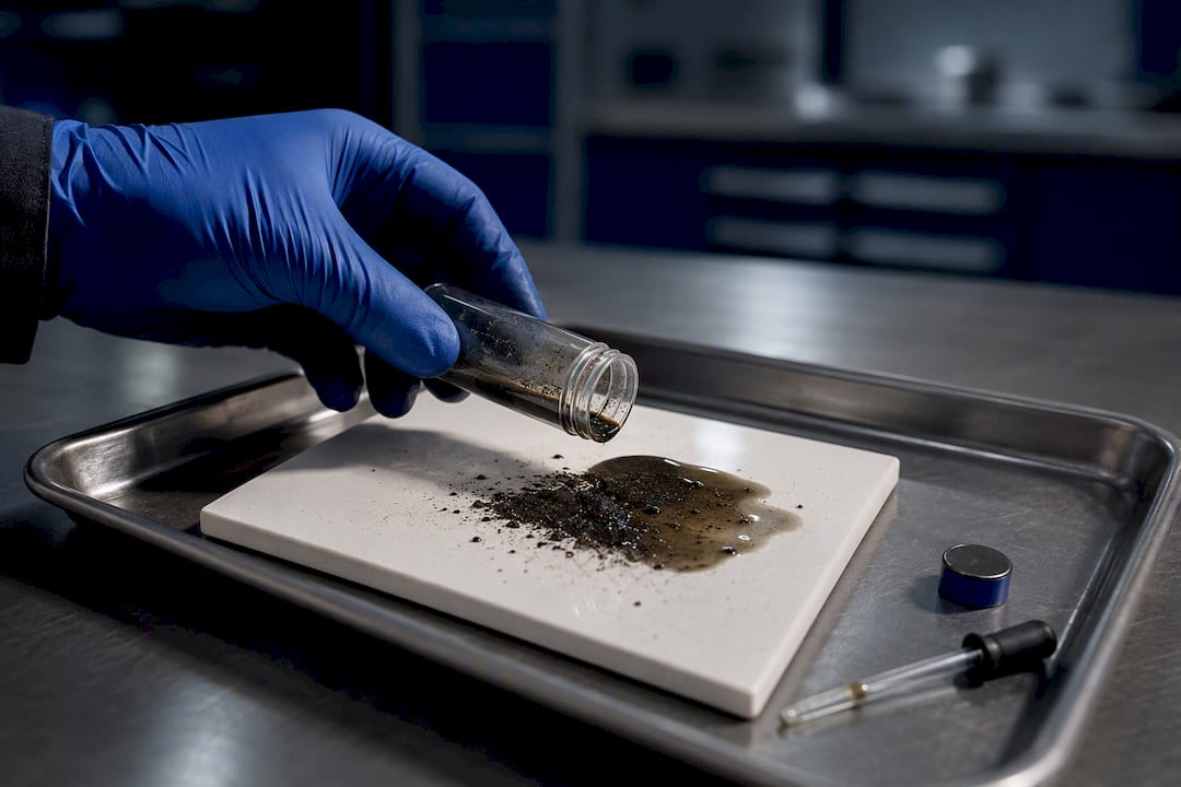 Technician examining contaminated Haldex oil sample