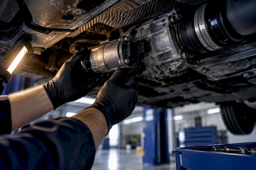 Mechanic inspecting Haldex pump underneath vehicle