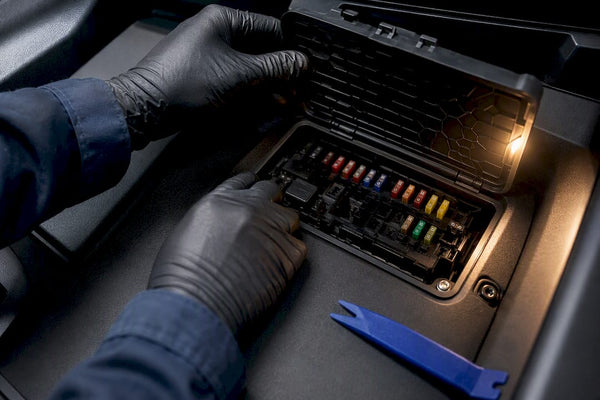 Mechanic inspecting vehicle fusebox fuses