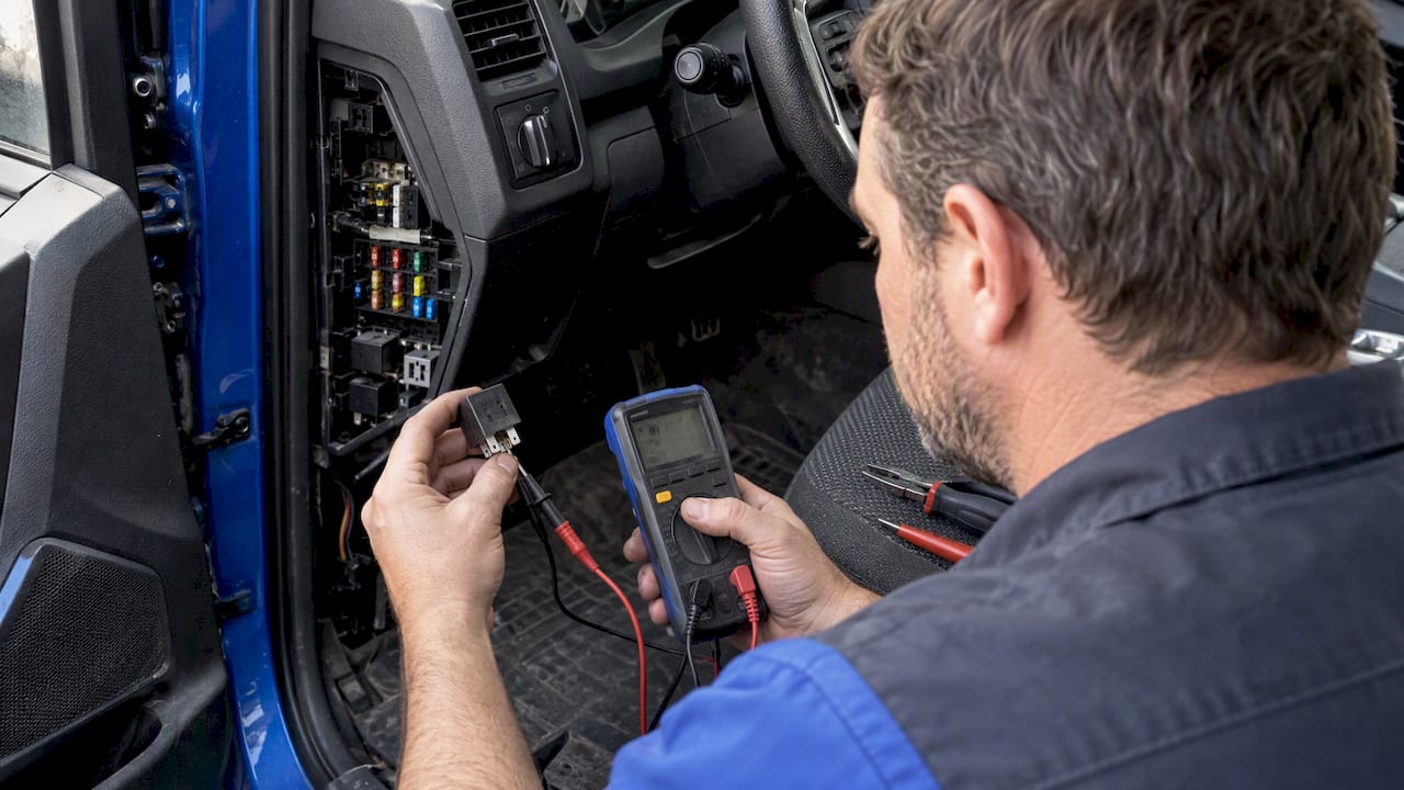 Technician testing a relay beside a fusebox