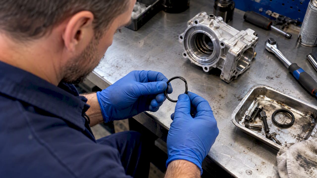Technician inspecting worn Haldex O-ring